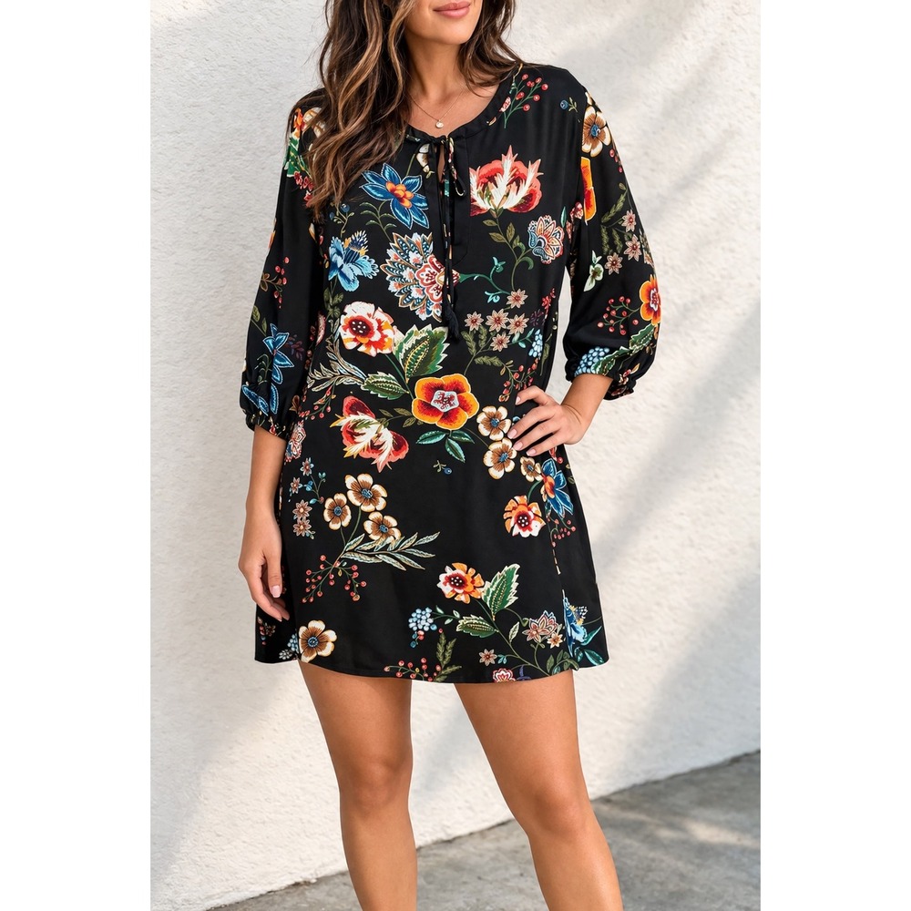 Johnny Was Zorya Jade Silk Floral Tunic Dress Black Boho Keyhole Neck L R32821-8